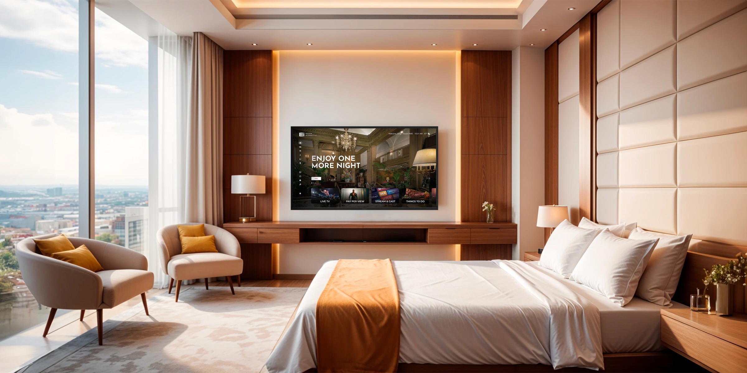 Luxury hotel guest room with in-room TV displaying a branded welcome message through Edison Interactive’s in-room entertainment and CTV advertising system.